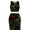 Gothic Women Outfit Bloody Butterfly Colorblock Swirl Print Cropped Tank Top and Bodycon Slit Skirt Set - Vert profond XL | US 12