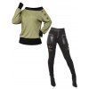 Casual Women Outfit Colorblock Mock Button Ribbed Off the Shoulder Sweatshirt and Zipper Buckle Strap Leggings Set - Olive Verte S | US 4