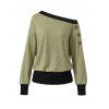 Casual Women Outfit Colorblock Mock Button Ribbed Off the Shoulder Sweatshirt and Zipper Buckle Strap Leggings Set - Olive Verte S | US 4