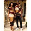 Vintage Couple Outfit Colorblock Abstract Geometric Print Ruched Skew Neck Bodycon Dress and Shirt Set - marron foncé S | US 4