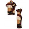 Vintage Couple Outfit Colorblock Abstract Geometric Print Ruched Skew Neck Bodycon Dress and Shirt Set - marron foncé S | US 4