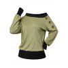 Casual Sweatshirt Colorblock Mock Button Ribbed Off the Shoulder Sweatshirt - Olive Verte XL | US 12