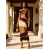 Vintage Dress Colorblock Abstract Geometric Print Ruched Skew Neck Bodycon Dress - marron foncé XL | US 12