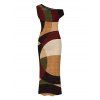 Vintage Dress Colorblock Abstract Geometric Print Ruched Skew Neck Bodycon Dress - marron foncé XL | US 12