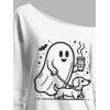 Halloween Funny Sweatshirt Ghost Cute Dots Bat Print Skew Neck Pullover Sweatshirt - Blanc XL | US 12