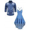 Vintage Couple Outfit Ruffled High Low Midi Faux Denim Dress and Front Pocket Denim Shirt Set - Bleu S | US 4