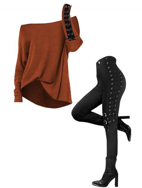 Women Outfit Skew Neck Textured Solid Color Top and Grommet Lace Up Leggings Set