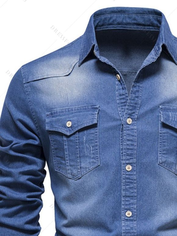 Men's Casual Denim Shirt Retro Washed Front Pocket Long Sleeve Button Up Shirt - Bleu 2XL