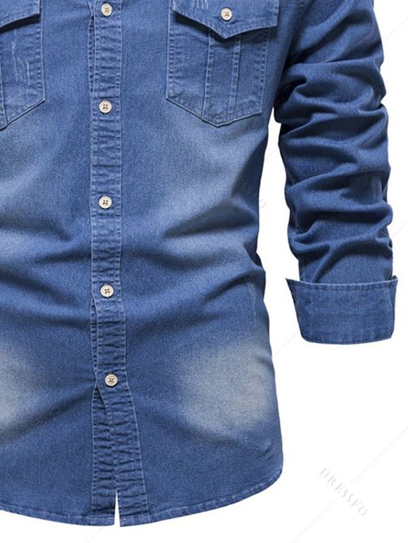 Men's Casual Denim Shirt Retro Washed Front Pocket Long Sleeve Button Up Shirt - Bleu 2XL