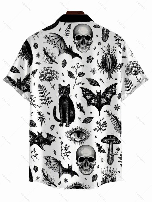 Men's Gothic Shirt Skulls Bat Black Cat Print Button Up Halloween Shirt - Blanc S