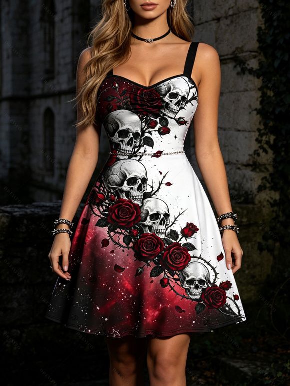 Gothic Dress Contrast Color Galaxy Rose Floral Skulls Print Ruched Bust Mini Dress - Rouge foncé M | US 6