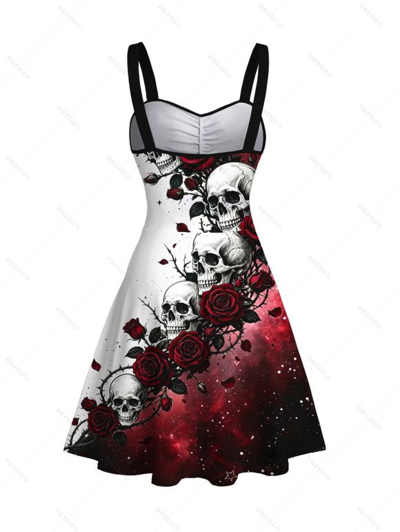 Gothic Dress Contrast Color Galaxy Rose Floral Skulls Print Ruched Bust Mini Dress - Rouge foncé M | US 6