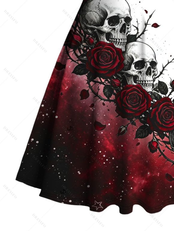 Gothic Dress Contrast Color Galaxy Rose Floral Skulls Print Ruched Bust Mini Dress - Rouge foncé M | US 6