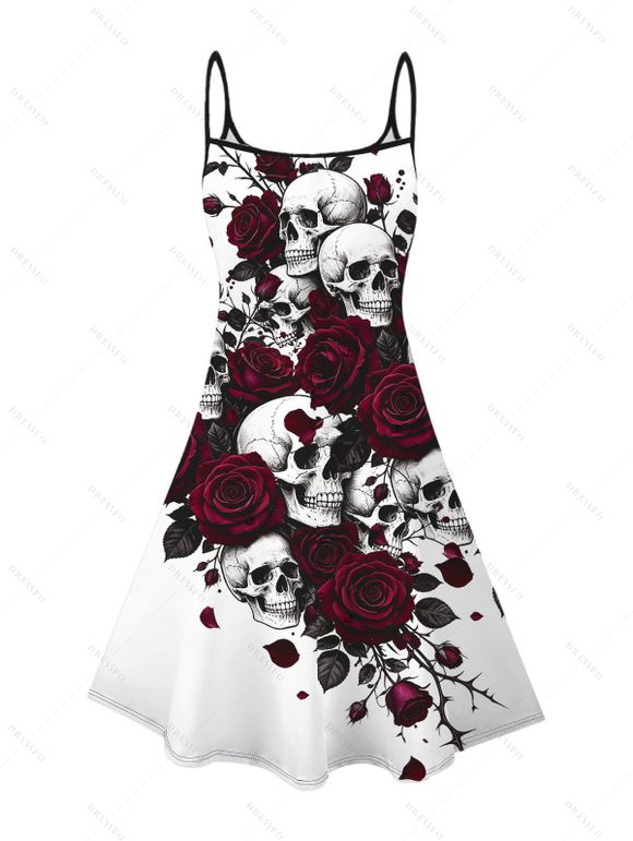 Gothic Dress Skulls Rose Floral Print Spaghetti Strap Mini Dress - Blanc L | US 8-10