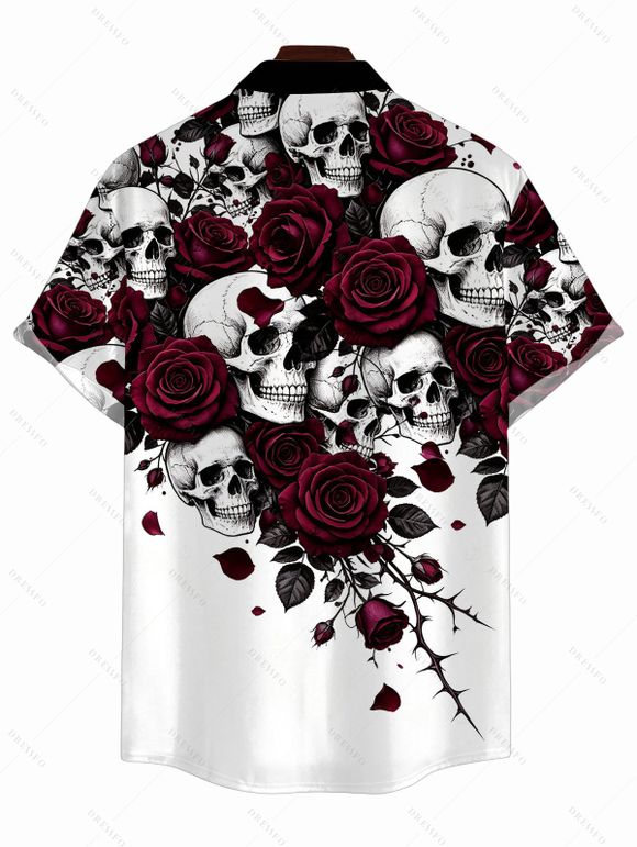 Men's Gothic Shirt Skulls Rose Floral Print Button Up Shirt - Blanc XL