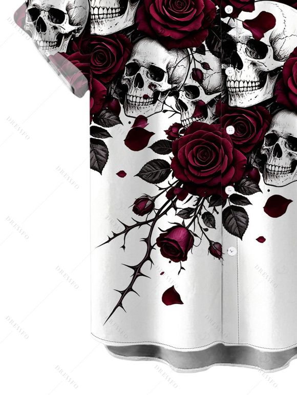 Men's Gothic Shirt Skulls Rose Floral Print Button Up Shirt - Blanc XL