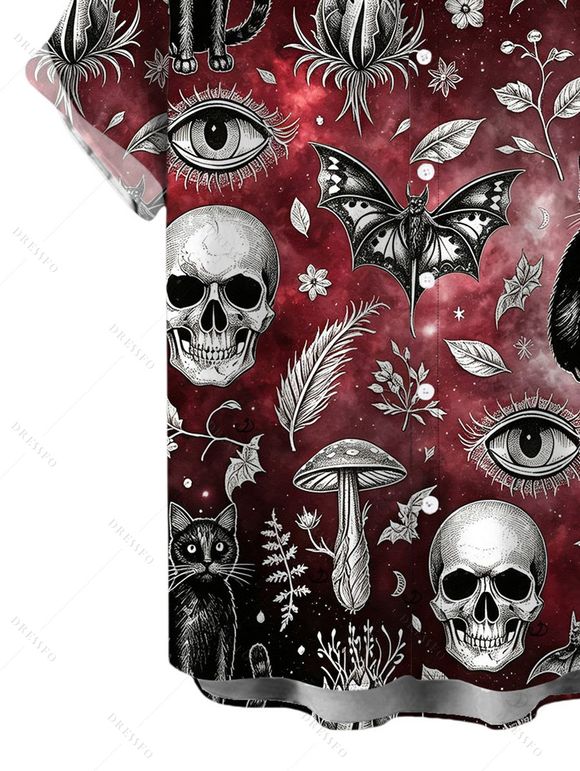 Men's Gothic Shirt Bat Skulls Mushroom Galaxy Print Button Up Shirt - Rouge foncé M