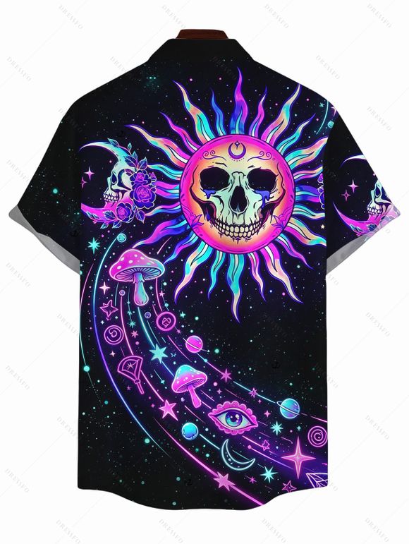 Men's Vacation Shirt Psychedelic Cosmic Sun‑Skull Starry Sky Print Button Up Shirt - Noir S