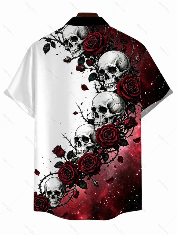 Men's Gothic Shirt Contrast Color Galaxy Rose Floral Skulls Print Button Up Shirt - Rouge foncé M