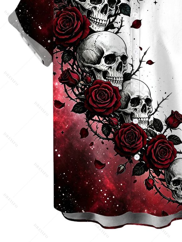 Men's Gothic Shirt Contrast Color Galaxy Rose Floral Skulls Print Button Up Shirt - Rouge foncé M