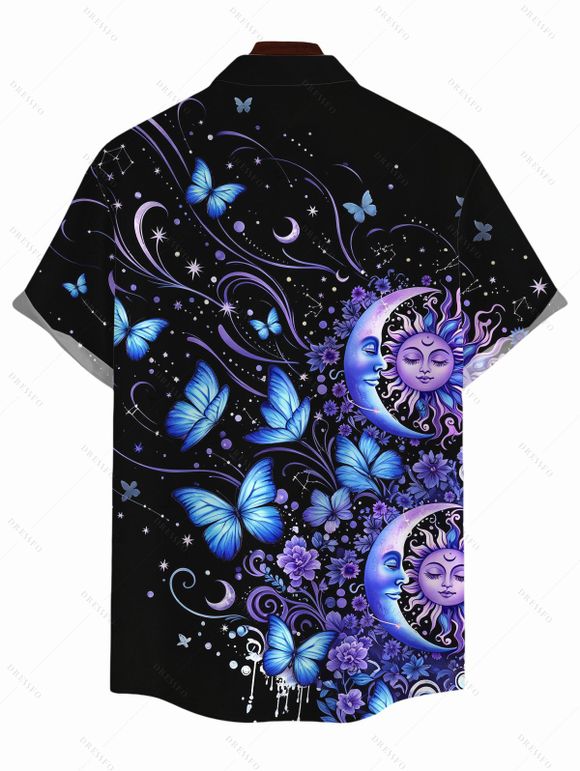Men's Vacation Shirt Celestial Sun Moon Floral Butterfly Print Button Up Shirt - Noir M