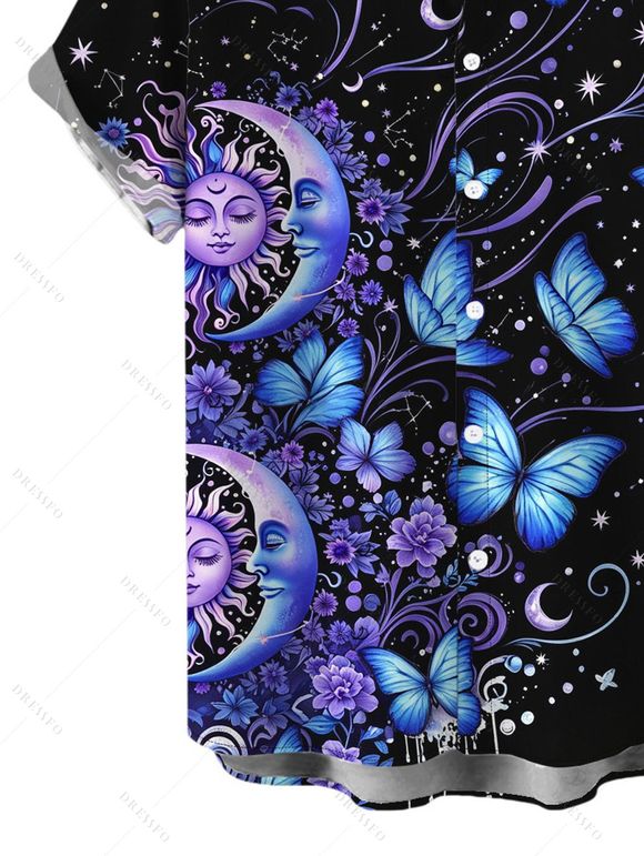 Men's Vacation Shirt Celestial Sun Moon Floral Butterfly Print Button Up Shirt - Noir M