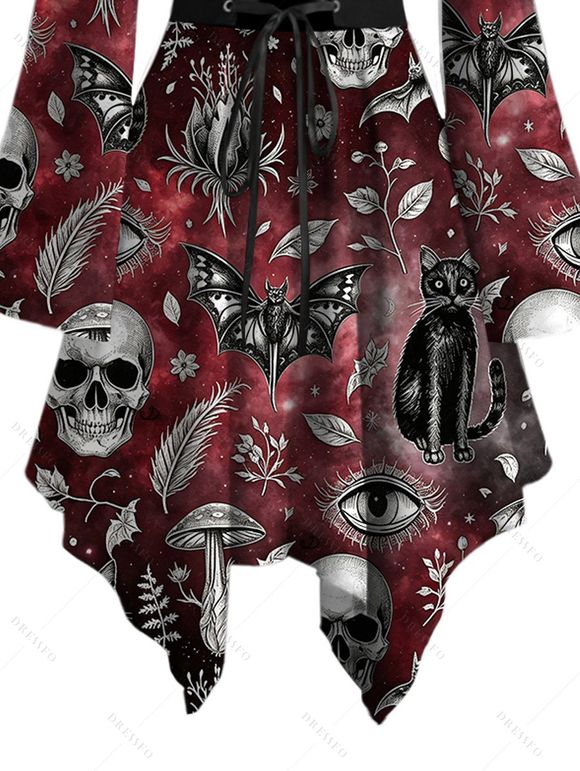 Gothic Dress Bat Skulls Mushroom Galaxy Print Ruffle Off the Shoulder Bell Sleeve Lace Up Belt Handkerchief Dress - Rouge foncé S | US 4