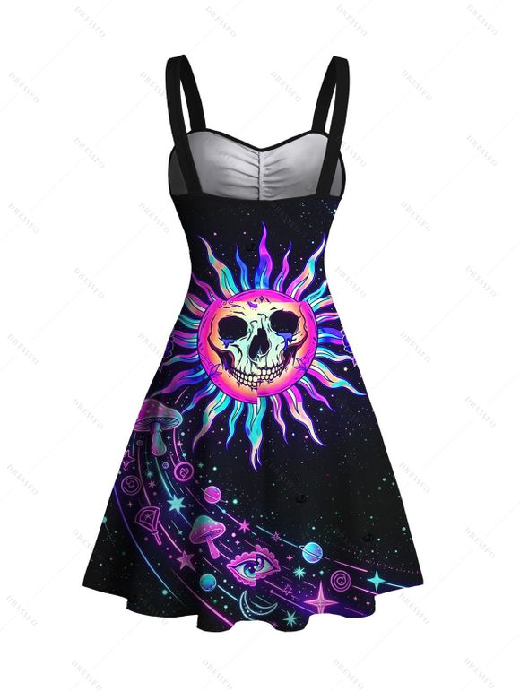 Vacation Dress Psychedelic Cosmic Sun‑Skull Starry Sky Print Ruched Bust Mini Dress - Noir S | US 4