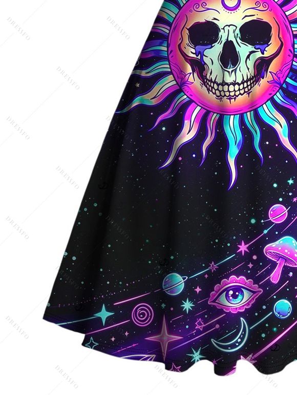 Vacation Dress Psychedelic Cosmic Sun‑Skull Starry Sky Print Ruched Bust Mini Dress - Noir S | US 4