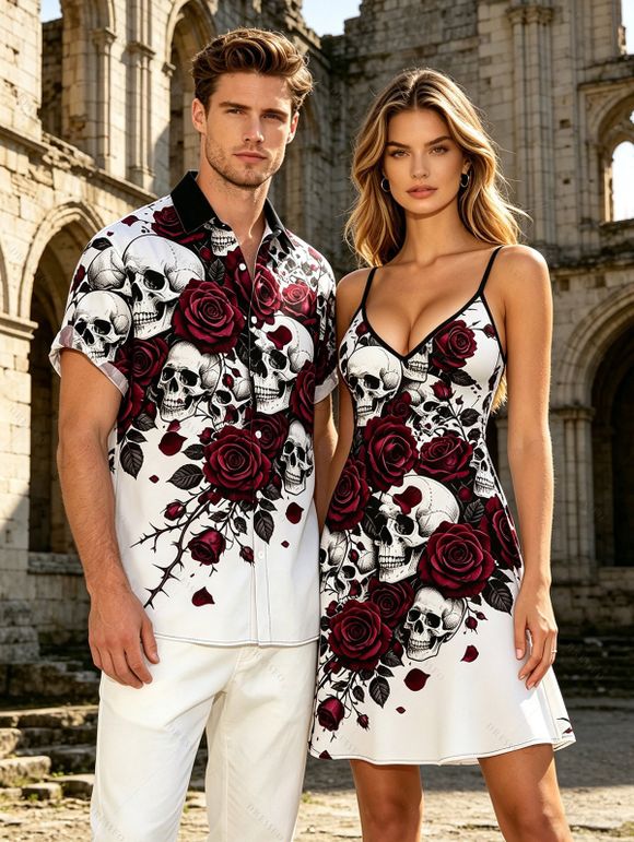 Gothic Couple Outfit Skulls Rose Floral Print Spaghetti Strap Mini Dress and Shirt Set - Blanc S | US 4