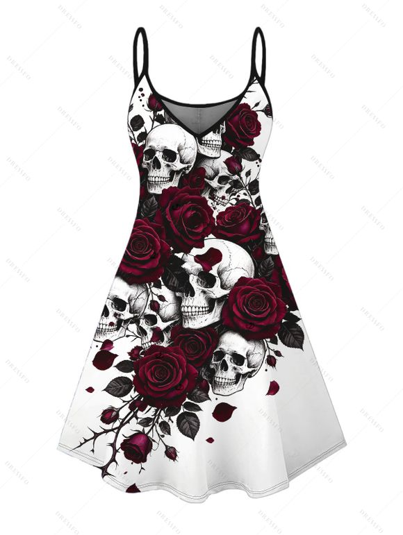 Gothic Couple Outfit Skulls Rose Floral Print Spaghetti Strap Mini Dress and Shirt Set - Blanc S | US 4