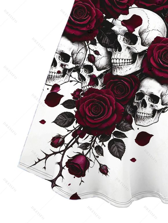 Gothic Couple Outfit Skulls Rose Floral Print Spaghetti Strap Mini Dress and Shirt Set - Blanc S | US 4