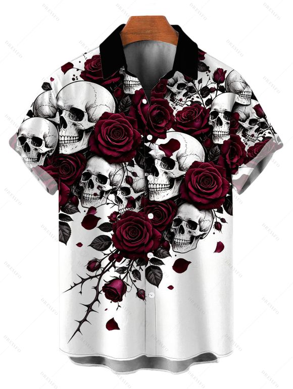Gothic Couple Outfit Skulls Rose Floral Print Spaghetti Strap Mini Dress and Shirt Set - Blanc S | US 4