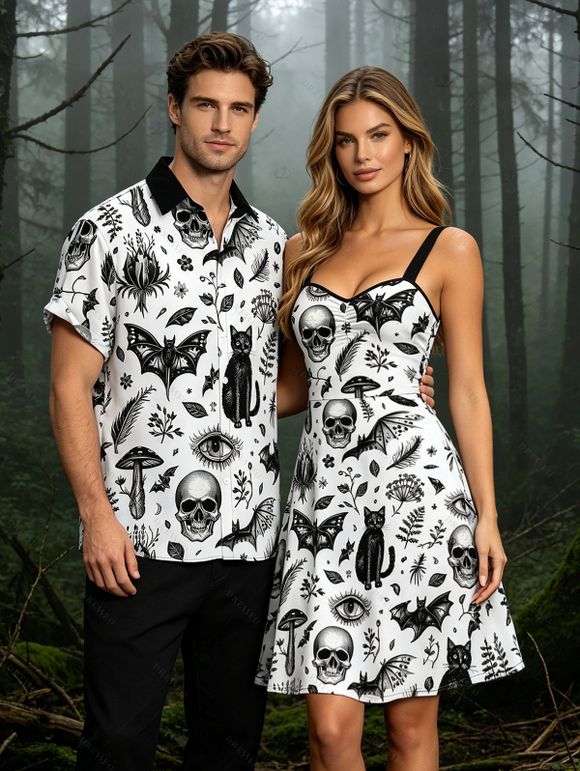 Gothic Couple Outfit Skulls Bat Black Cat Print Ruched Bust Mini Dress and Shirt Halloween Set - Blanc S | US 4