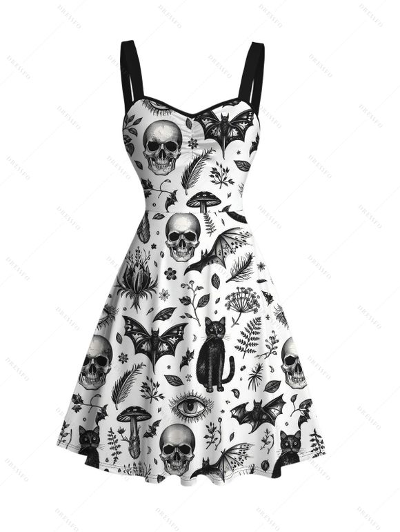 Gothic Couple Outfit Skulls Bat Black Cat Print Ruched Bust Mini Dress and Shirt Halloween Set - Blanc S | US 4