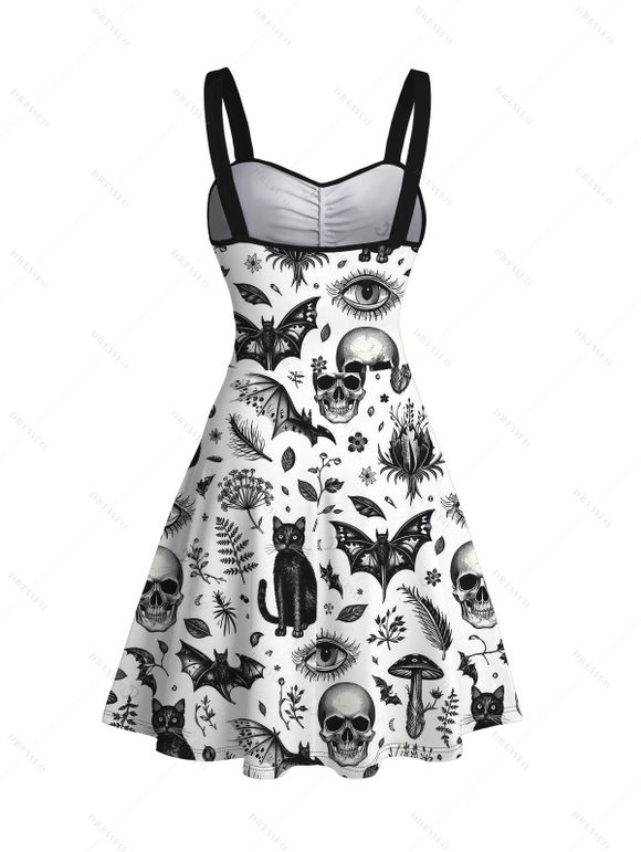 Gothic Couple Outfit Skulls Bat Black Cat Print Ruched Bust Mini Dress and Shirt Halloween Set - Blanc S | US 4