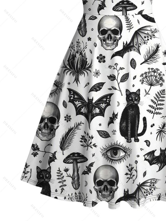 Gothic Couple Outfit Skulls Bat Black Cat Print Ruched Bust Mini Dress and Shirt Halloween Set - Blanc S | US 4