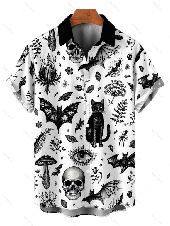 Gothic Couple Outfit Skulls Bat Black Cat Print Ruched Bust Mini Dress and Shirt Halloween Set - Blanc S | US 4