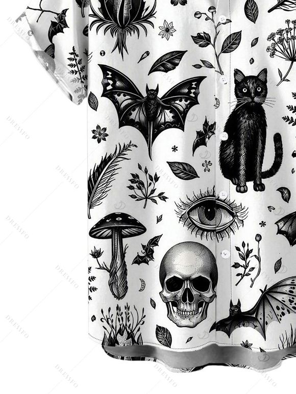 Gothic Couple Outfit Skulls Bat Black Cat Print Ruched Bust Mini Dress and Shirt Halloween Set - Blanc S | US 4