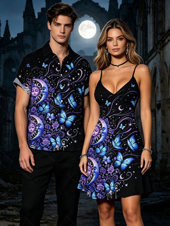 Vacation Couple Outfit Celestial Sun Moon Floral Butterfly Print Spaghetti Strap Mini Dress and Shirt Set - Noir S | US 4