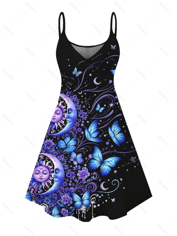 Vacation Couple Outfit Celestial Sun Moon Floral Butterfly Print Spaghetti Strap Mini Dress and Shirt Set - Noir S | US 4