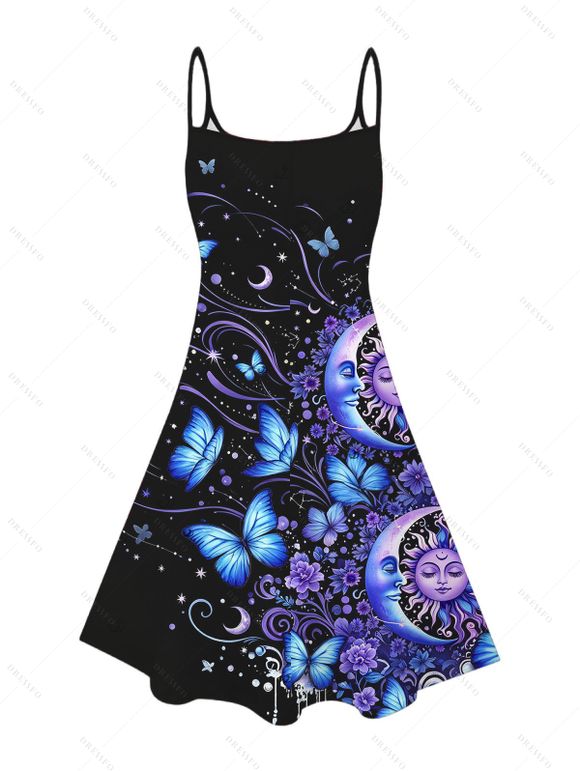 Vacation Couple Outfit Celestial Sun Moon Floral Butterfly Print Spaghetti Strap Mini Dress and Shirt Set - Noir S | US 4