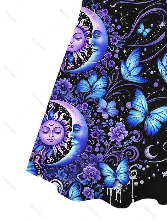 Vacation Couple Outfit Celestial Sun Moon Floral Butterfly Print Spaghetti Strap Mini Dress and Shirt Set - Noir S | US 4