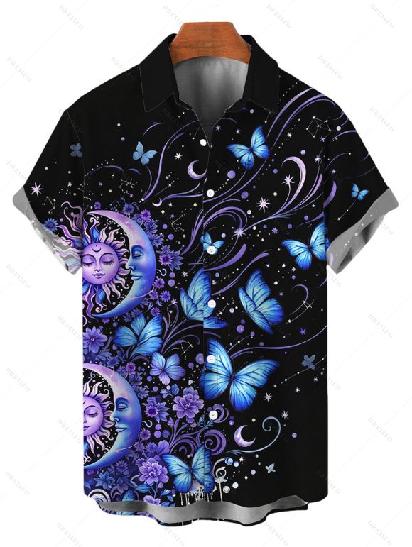 Vacation Couple Outfit Celestial Sun Moon Floral Butterfly Print Spaghetti Strap Mini Dress and Shirt Set - Noir S | US 4