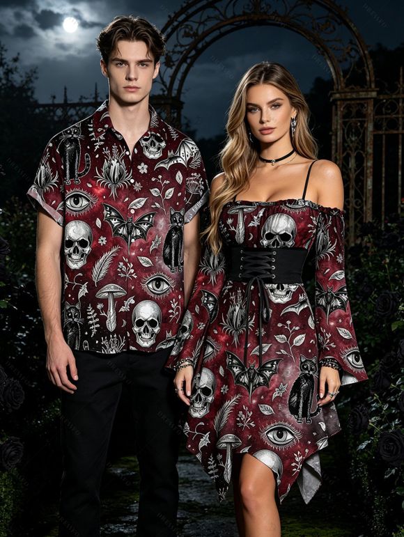 Gothic Couple Outfit Bat Skulls Mushroom Galaxy Print Ruffle Off the Shoulder Bell Sleeve Lace Up Belt Handkerchief Dress and Shirt Set - Rouge foncé S | US 4