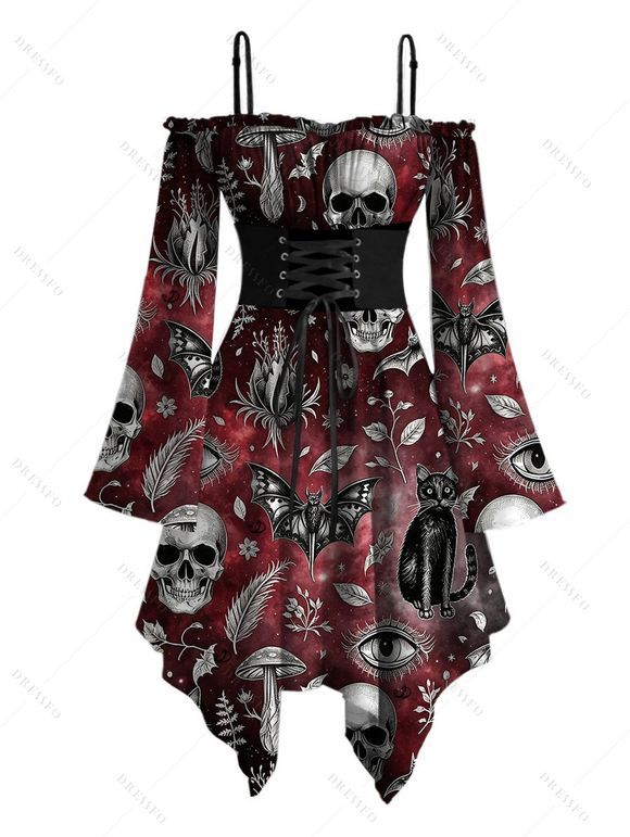 Gothic Couple Outfit Bat Skulls Mushroom Galaxy Print Ruffle Off the Shoulder Bell Sleeve Lace Up Belt Handkerchief Dress and Shirt Set - Rouge foncé S | US 4