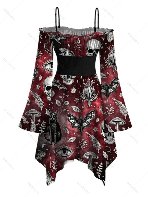 Gothic Couple Outfit Bat Skulls Mushroom Galaxy Print Ruffle Off the Shoulder Bell Sleeve Lace Up Belt Handkerchief Dress and Shirt Set - Rouge foncé S | US 4