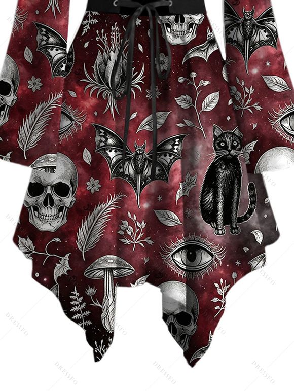Gothic Couple Outfit Bat Skulls Mushroom Galaxy Print Ruffle Off the Shoulder Bell Sleeve Lace Up Belt Handkerchief Dress and Shirt Set - Rouge foncé S | US 4