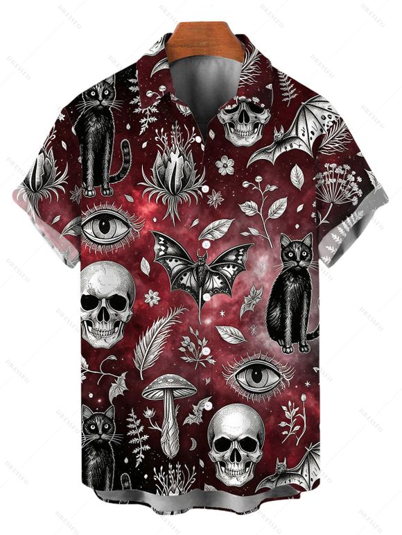 Gothic Couple Outfit Bat Skulls Mushroom Galaxy Print Ruffle Off the Shoulder Bell Sleeve Lace Up Belt Handkerchief Dress and Shirt Set - Rouge foncé S | US 4