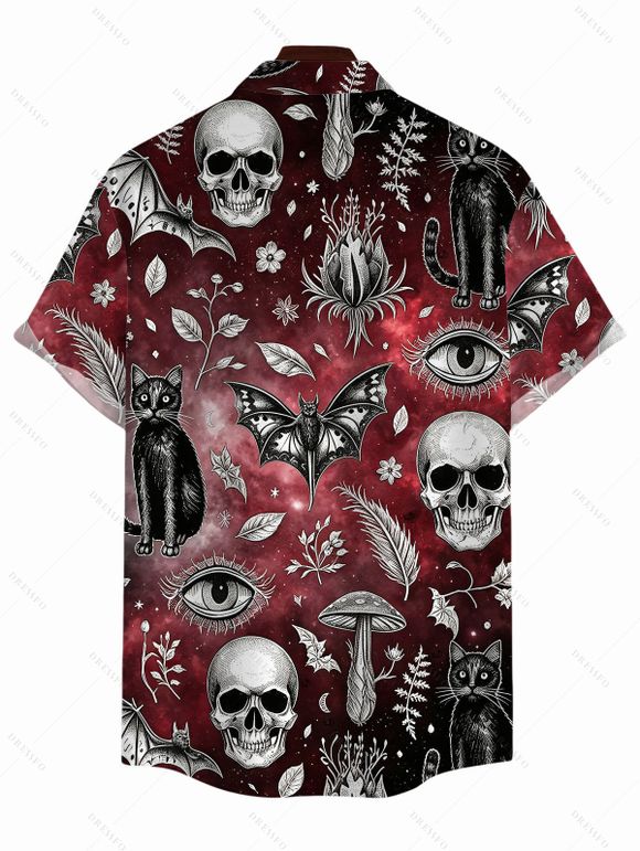 Gothic Couple Outfit Bat Skulls Mushroom Galaxy Print Ruffle Off the Shoulder Bell Sleeve Lace Up Belt Handkerchief Dress and Shirt Set - Rouge foncé S | US 4